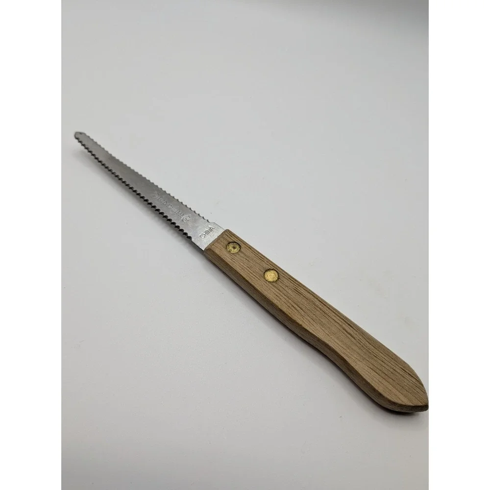 Vintage Ekco Stainless Grapefruit Knife Wood Handle USA Curved Serrated - 7 1/4